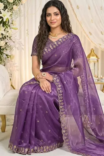 levender fancy silk blend shinning embroidered border & blouse saree