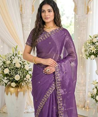 levender fancy silk blend shinning embroidered border & blouse saree 3