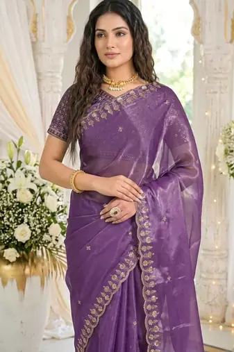 levender fancy silk blend shinning embroidered border & blouse saree