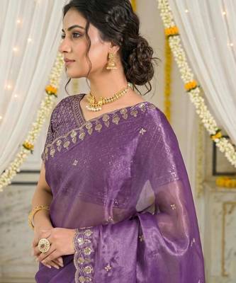 levender fancy silk blend shinning embroidered border & blouse saree 4