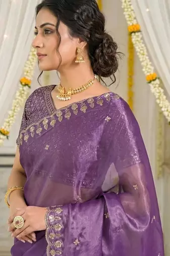 levender fancy silk blend shinning embroidered border & blouse saree