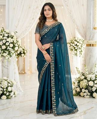 blue fancy silk blend shinning embroidered border & blouse saree 1