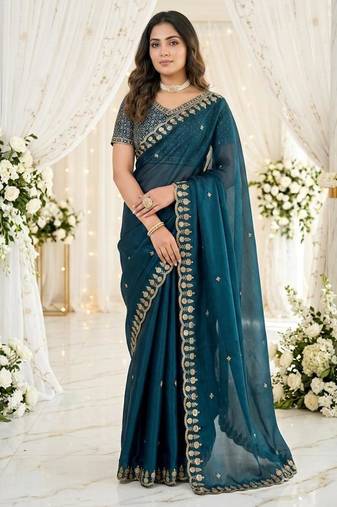 blue fancy silk blend shinning embroidered border & blouse saree