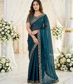 blue fancy silk blend shinning embroidered border & blouse saree