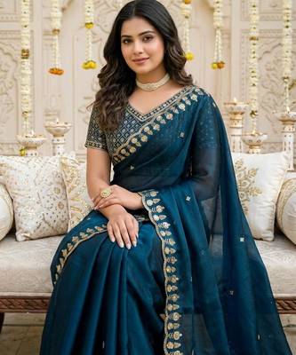 blue fancy silk blend shinning embroidered border & blouse saree 2