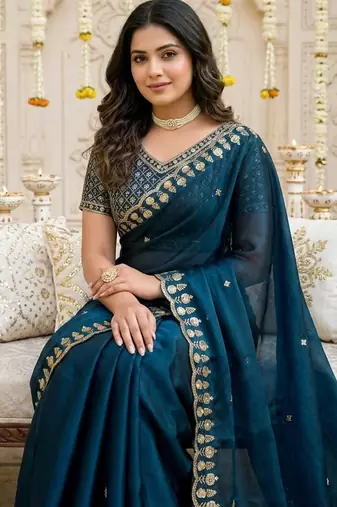 blue fancy silk blend shinning embroidered border & blouse saree