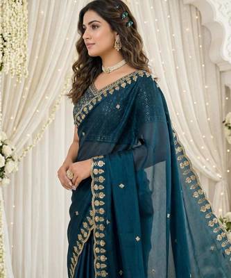 blue fancy silk blend shinning embroidered border & blouse saree 3