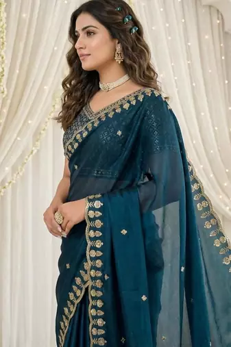 blue fancy silk blend shinning embroidered border & blouse saree