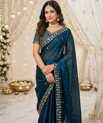 blue fancy silk blend shinning embroidered border & blouse saree 4