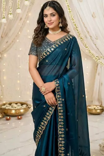blue fancy silk blend shinning embroidered border & blouse saree