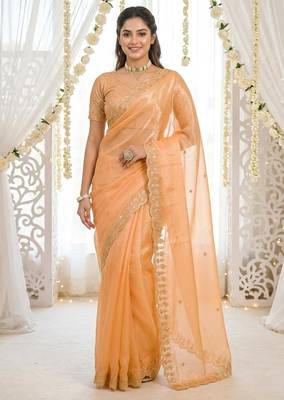 orange fancy silk blend shinning embroidered border & blouse saree 1