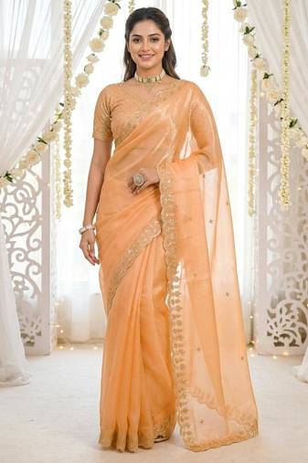 orange fancy silk blend shinning embroidered border & blouse saree