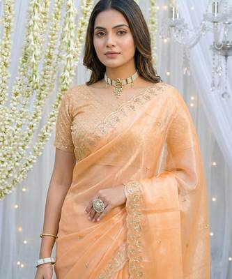 orange fancy silk blend shinning embroidered border & blouse saree 2