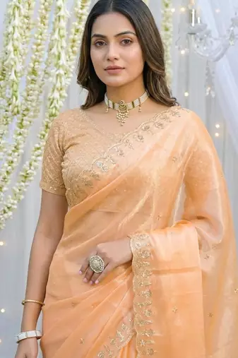 orange fancy silk blend shinning embroidered border & blouse saree