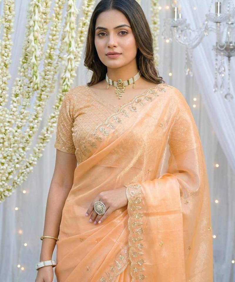orange fancy silk blend shinning embroidered border & blouse saree