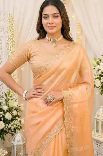 orange fancy silk blend shinning embroidered border & blouse saree