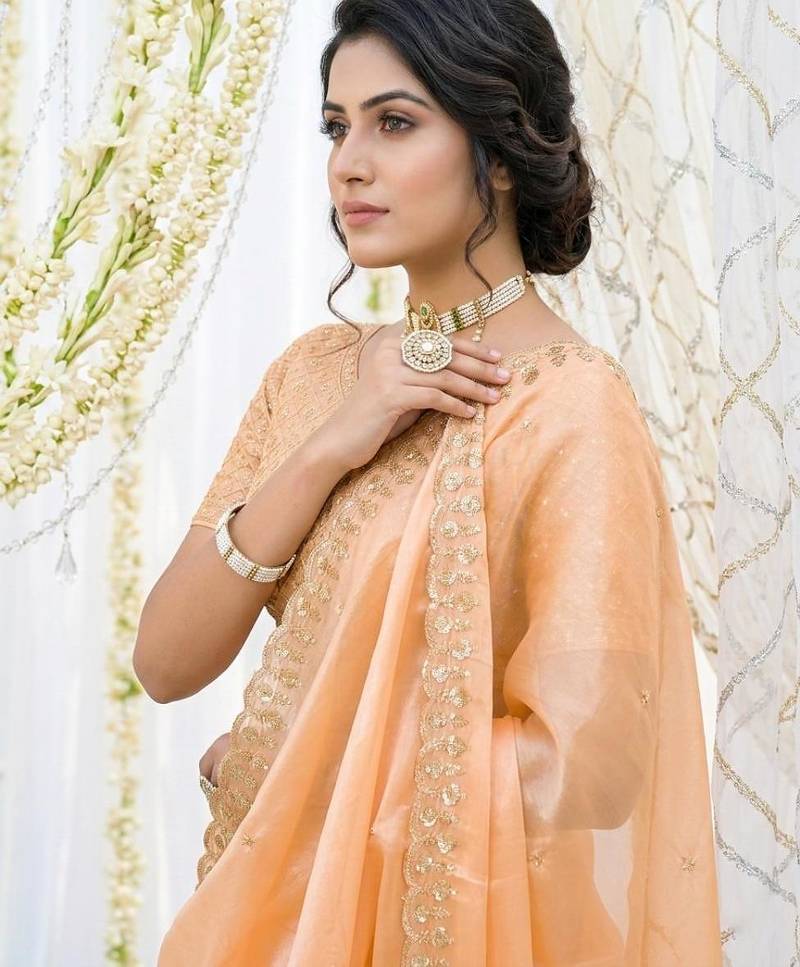 orange fancy silk blend shinning embroidered border & blouse saree