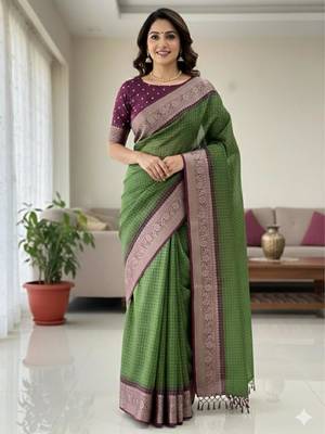 green & purple dola silk blend chex saree with tassels pallu saree 1