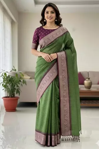 green & purple dola silk blend chex saree with tassels pallu saree