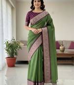 green & purple dola silk blend chex saree with tassels pallu saree
