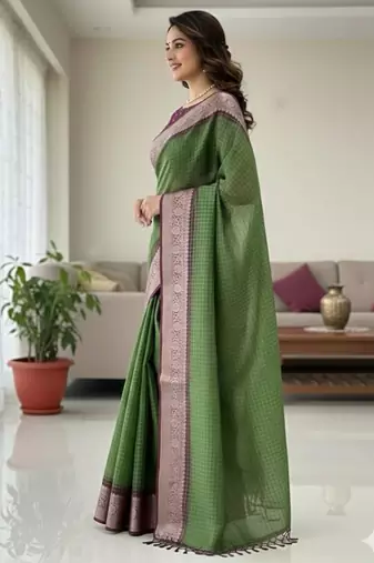 green & purple dola silk blend chex saree with tassels pallu saree