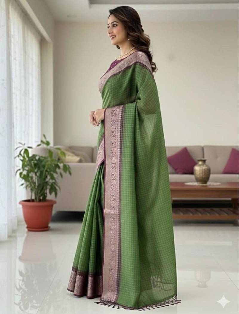 green & purple dola silk blend chex saree with tassels pallu saree