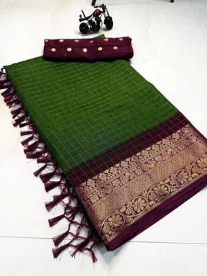green & purple dola silk blend chex saree with tassels pallu saree 3
