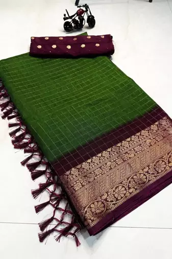 green & purple dola silk blend chex saree with tassels pallu saree