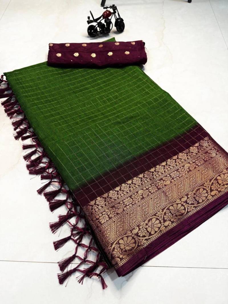 green & purple dola silk blend chex saree with tassels pallu saree