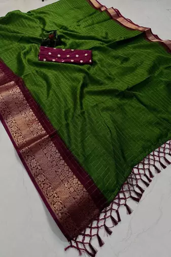 green & purple dola silk blend chex saree with tassels pallu saree