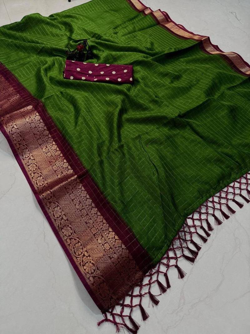 green & purple dola silk blend chex saree with tassels pallu saree