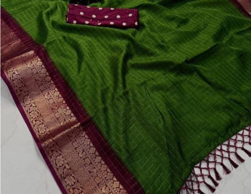 green & purple dola silk blend chex saree with tassels pallu saree