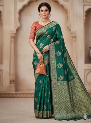 green silk blend zari woven work sarees 1