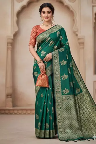 green silk blend zari woven work sarees