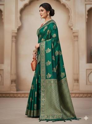 green silk blend zari woven work sarees 2
