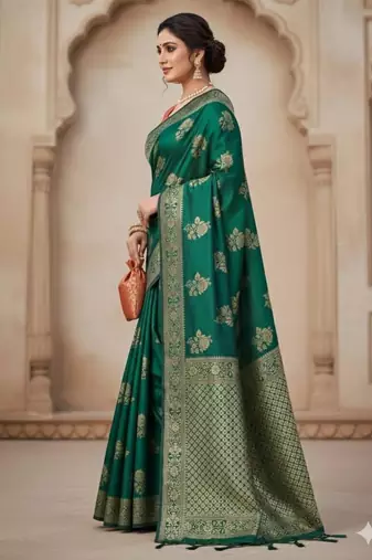green silk blend zari woven work sarees