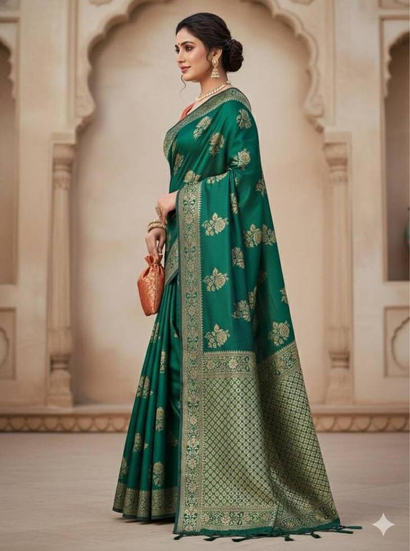 green silk blend zari woven work sarees