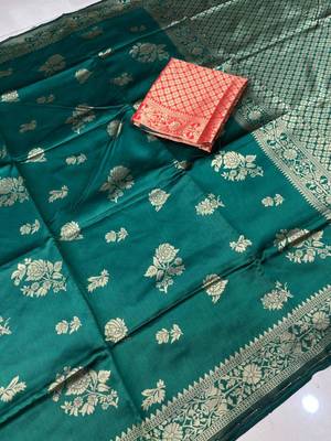 green silk blend zari woven work sarees 3