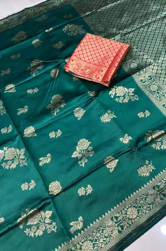 green silk blend zari woven work sarees