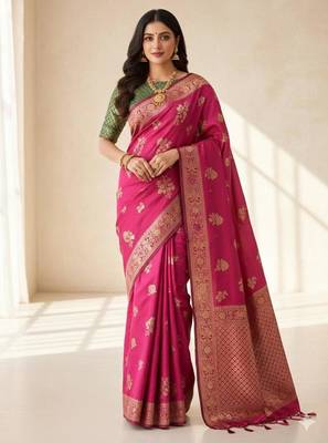 pink silk blend zari woven work sarees 1