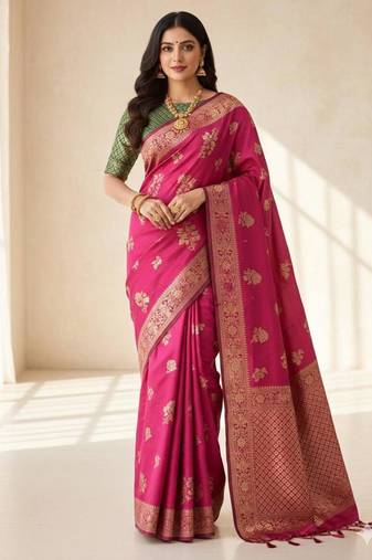 pink silk blend zari woven work sarees