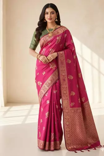 pink silk blend zari woven work sarees