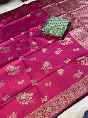 pink silk blend zari woven work sarees 3