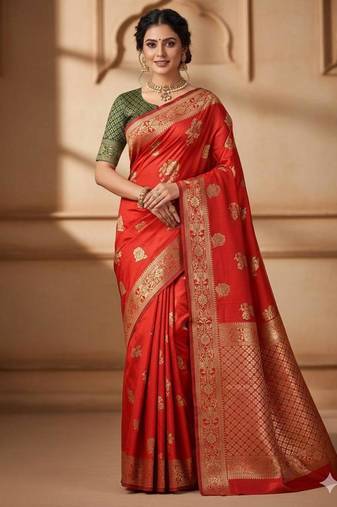 red silk blend zari woven work sarees