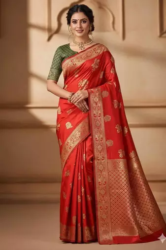 red silk blend zari woven work sarees