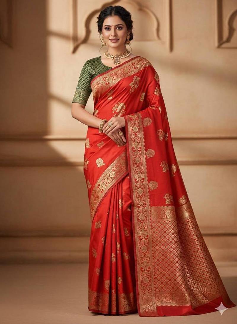 red silk blend zari woven work sarees