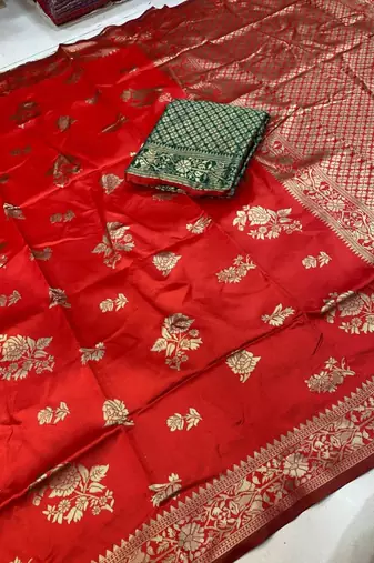 red silk blend zari woven work sarees