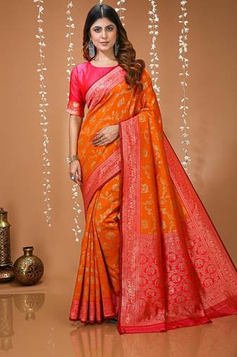 red silk blend zari woven work sarees