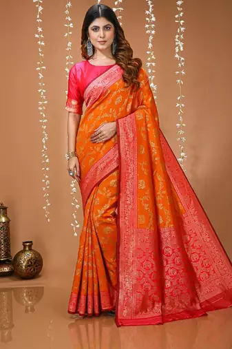 red silk blend zari woven work sarees