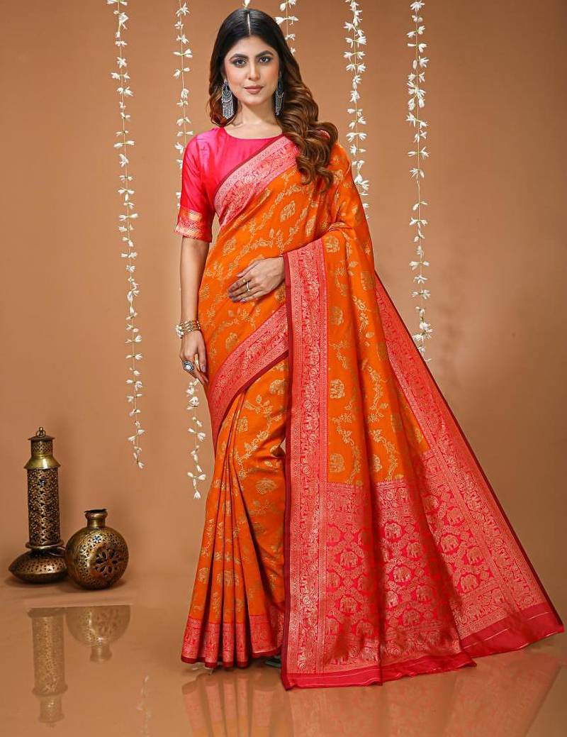 red silk blend zari woven work sarees